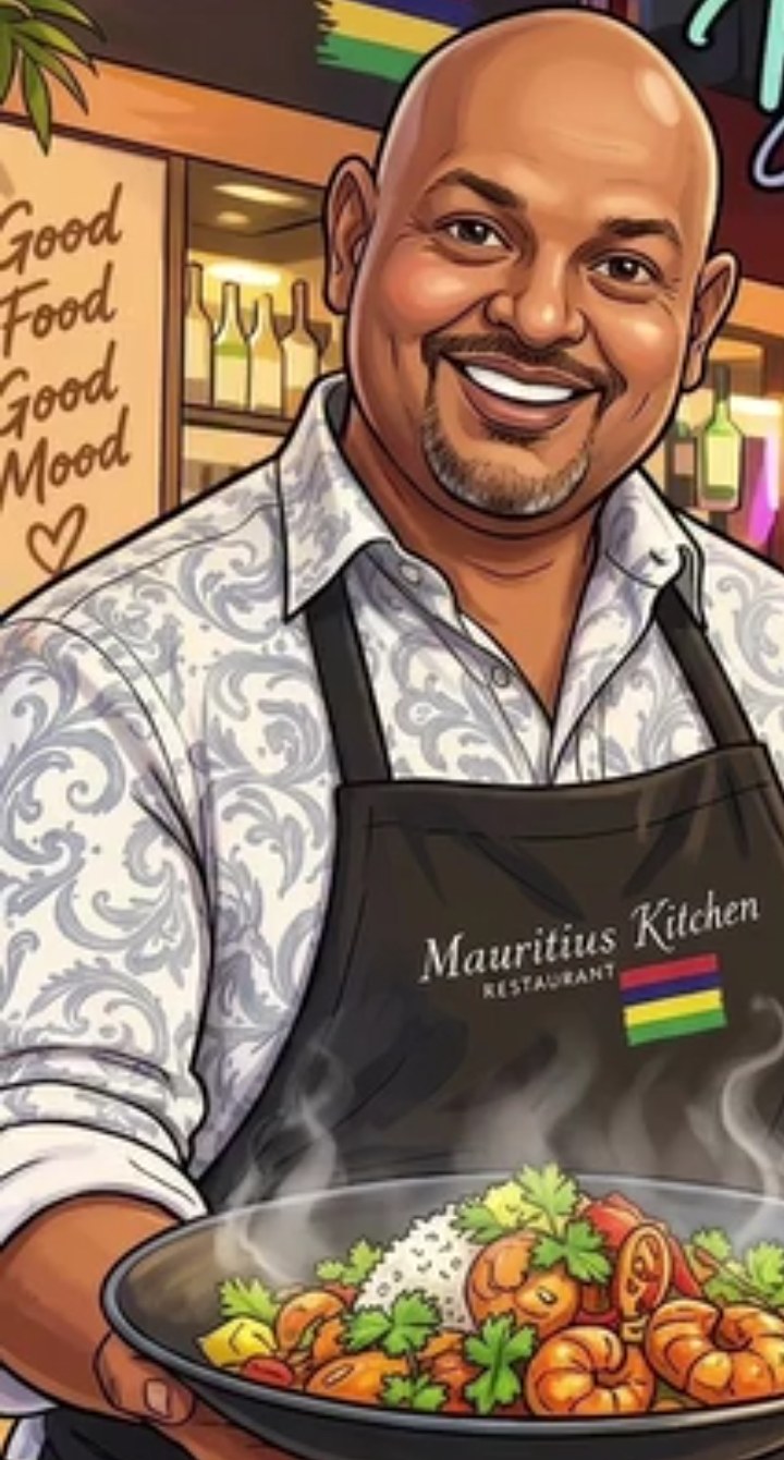 Illustration: Arnaud in Mauritius-Kitchen-Schürze mit einer dampfenden Schale Garnelen-Curry